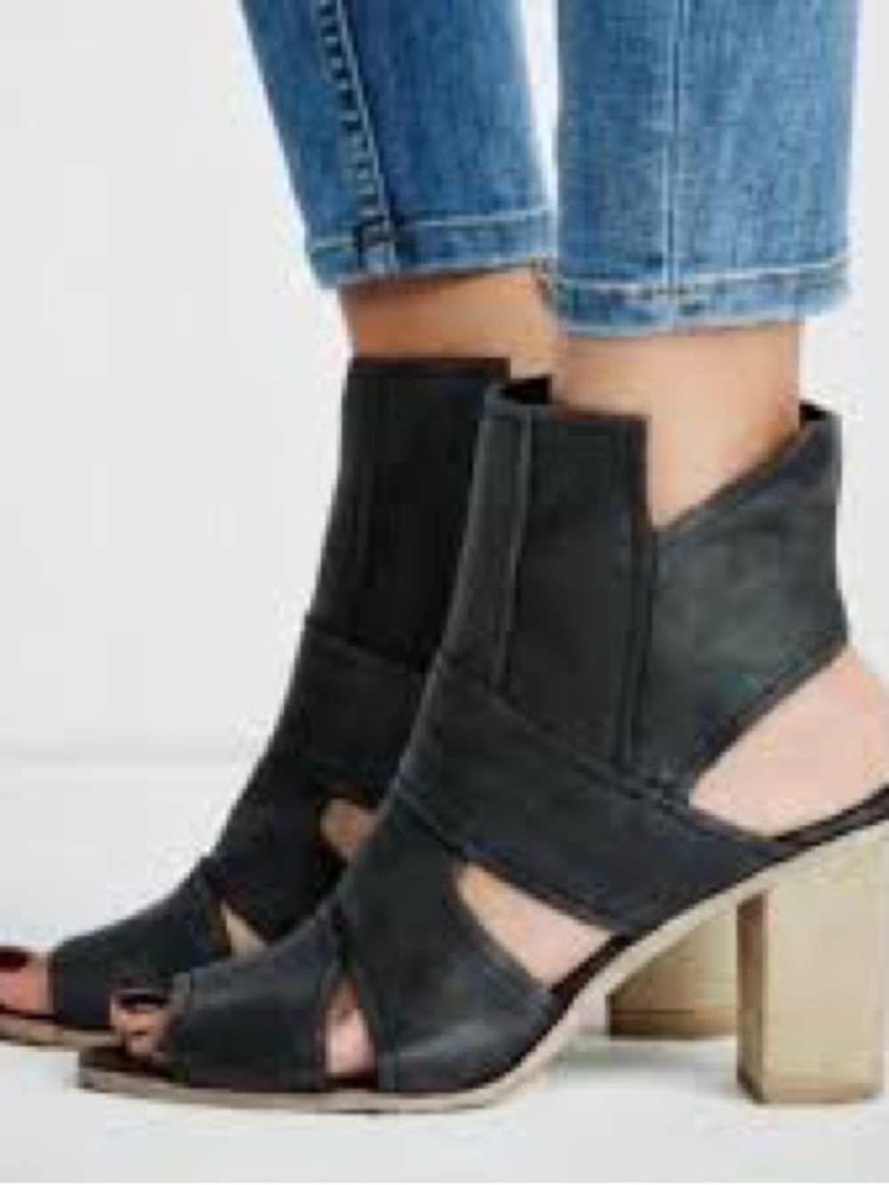 Free People Black Open-Toe Cutout Block Heel Booties